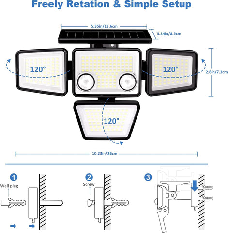 Solar light fixture with measurement details and installation instructions on a white background