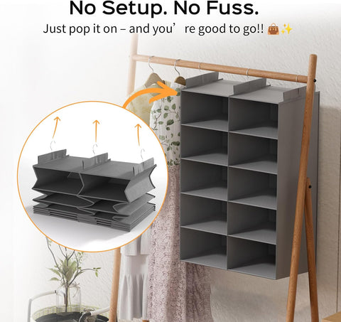 ALLTIDYUP 5-Tier Dual-Row Hanging Wardrobe Organiser, Grey – Foldable Storage Shelves for Clothes, Shoes & Bags