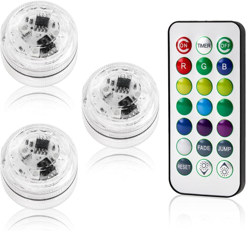 3 Pack Mini Submersible LED Lights – Waterproof RGB Underwater Lights with Remote Control, Adjustable Brightness & Timer for Pools, Aquariums, Fountains, Vases & Events