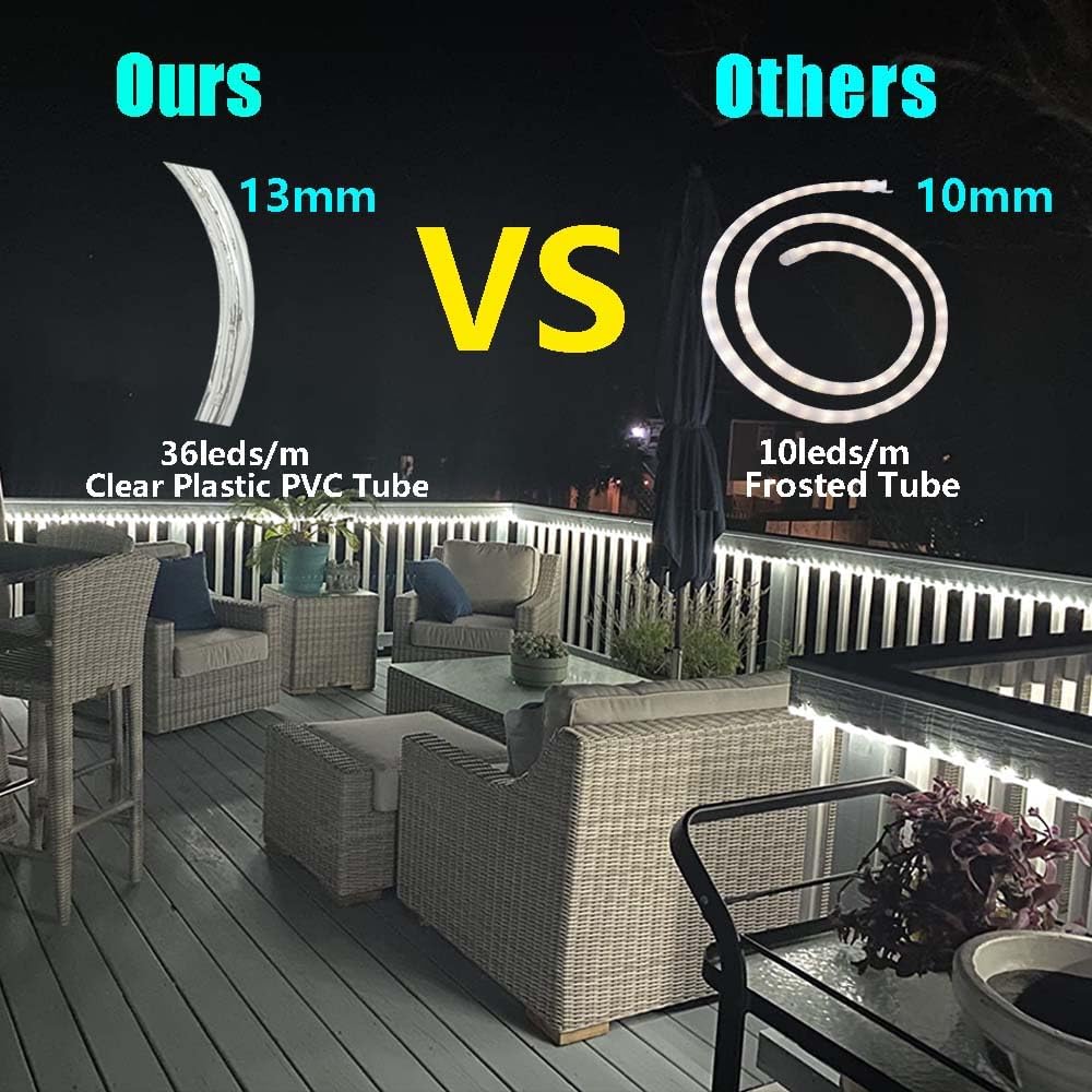 Outdoor patio scene with LED lighting comparison labeled 'Ours' and 'Others'.