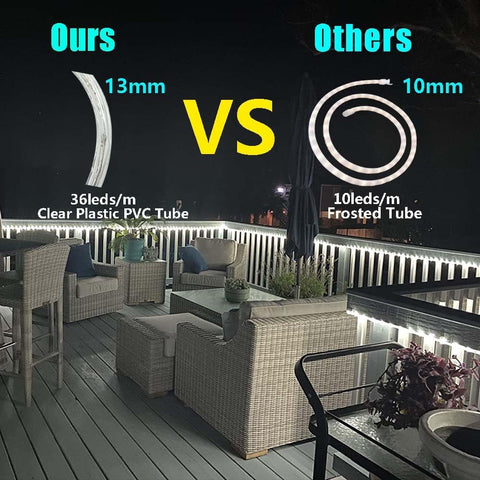 Outdoor patio scene with LED lighting comparison labeled 'Ours' and 'Others'.