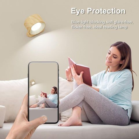 LED Battery Operated Wood Grain Wall Lights, 2Pack Wall Lamp with 3 Color Modes 3 Brightness Levels 360°Rotate Magnetic Touch Control, Reading Lights for Living Room Bedroom
