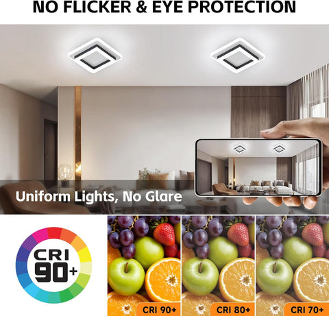 Dimmable Modern LED Ceiling Lights, Black | Acrylic, 18W 2160LM Square Living Room Ceiling Lamp with 3 Colors for Bedrooms Dining Room Hallway