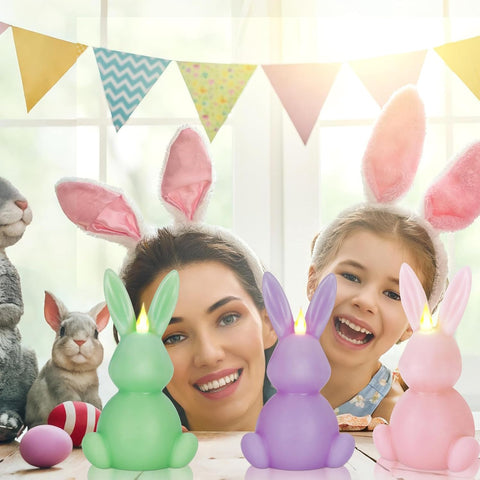 Easter Bunny Flameless LED Candles Set of 3, Real Wax Carved Scented Bunny Shape Decorative Candles for Home Table Centerpiece