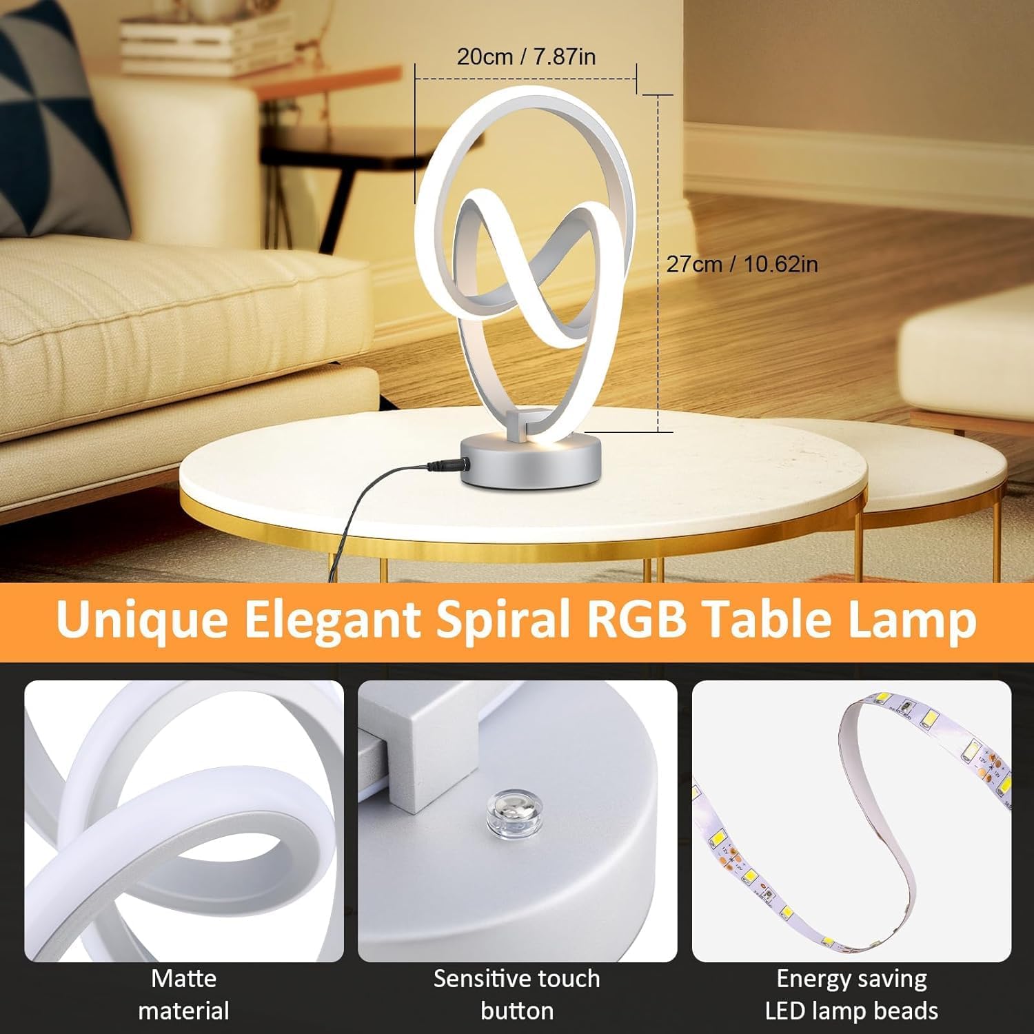 Unique Elegant Spiral RGB Table Lamp on a table with dimensions and features highlighted