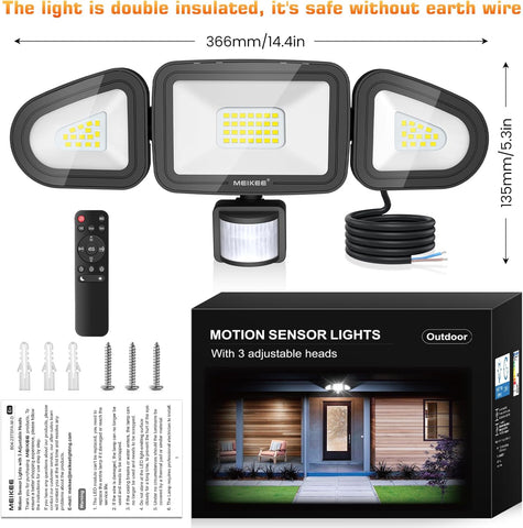 Outdoor motion sensor lights with packaging, remote control, and installation parts on a white background.