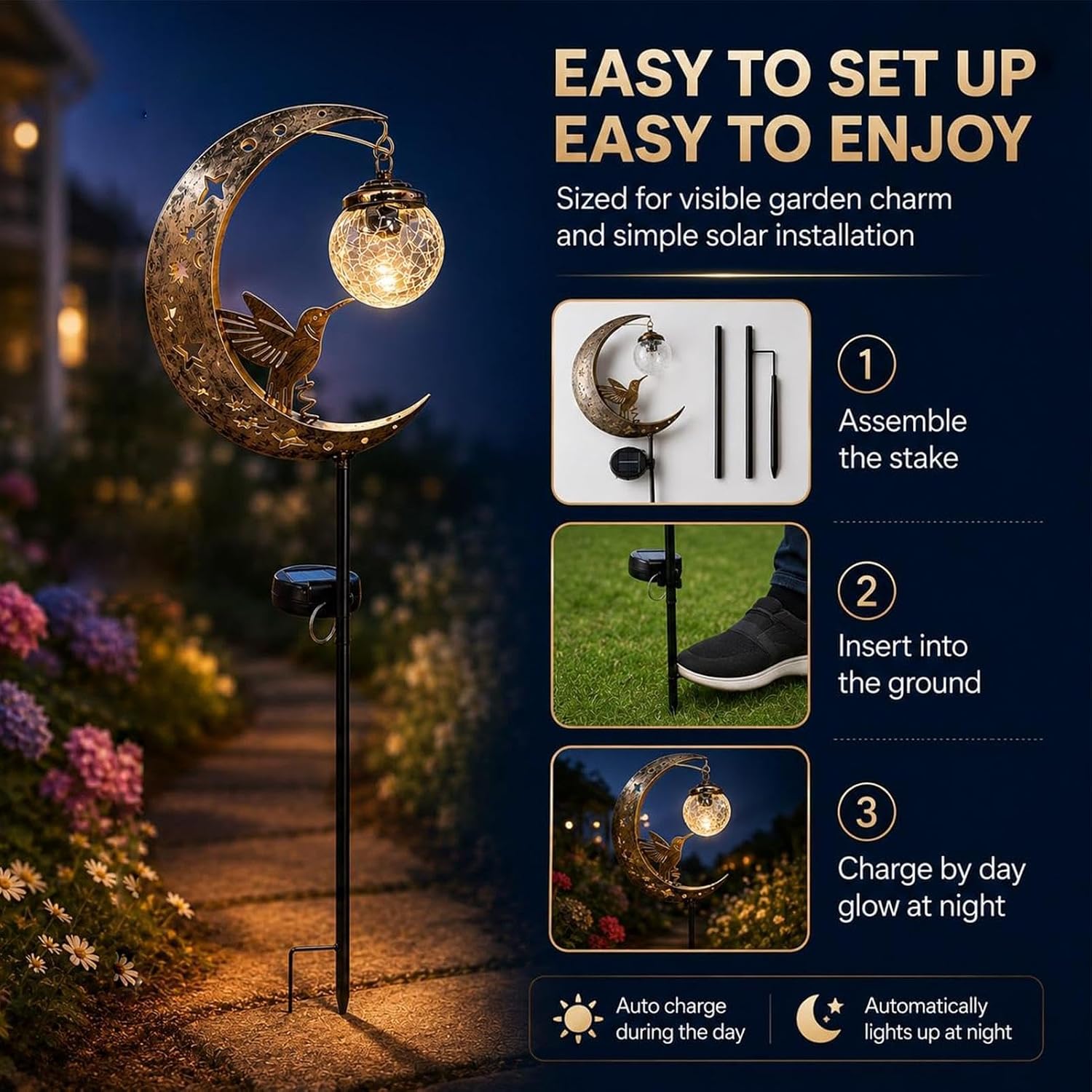 Solar Stake Lights - Moon Hummingbird Lamp Decor, Garden Lighting