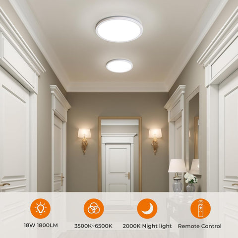 Modern hallway with ceiling lights and wall sconces, featuring lighting specifications at the bottom.