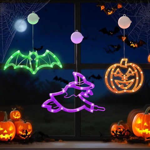 CNMTCCO Halloween Window Lights Set of 3 – Battery Operated LED Pumpkin, Bat & Witch Decorations with 6-Hour Timer and Suction Cups for Indoor Windows