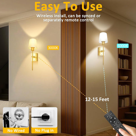 Rechargeable Wireless Wall Sconces Set of 2 Gold