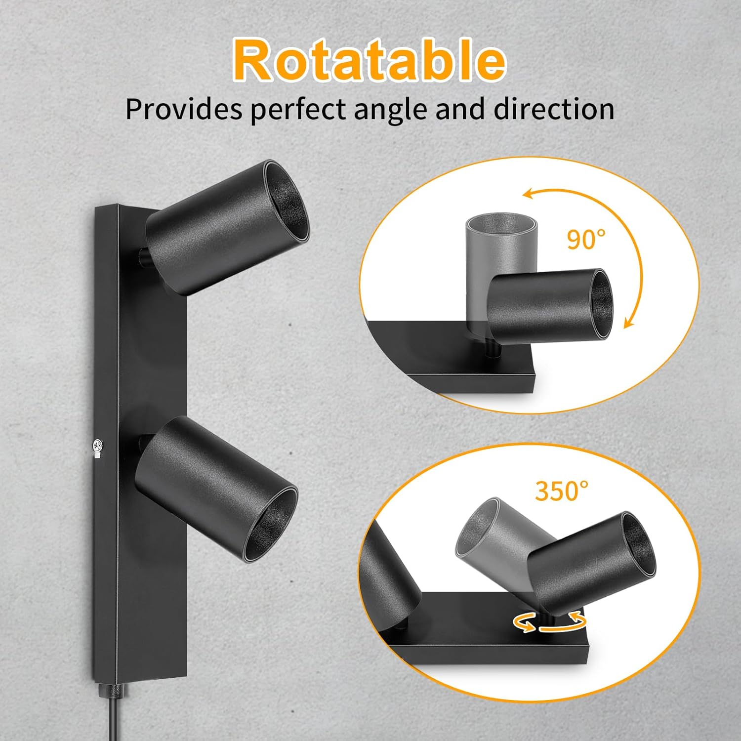 Black rotatable wall light fixture with angle adjustment illustration on a gray background