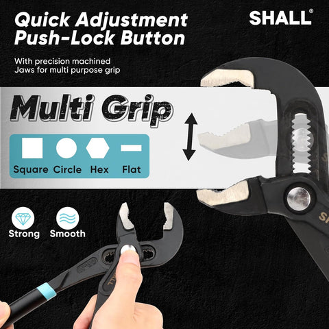 SHALL 3-Piece Groove Joint Pliers Set (12, 9-1/2, 7 Inch), Push-Lock Water Pump Pliers in Cr-v Steel, Fast Adjustable Tongue and Groove Pliers with Tool Roll Bag for Home Repair & Plumbing