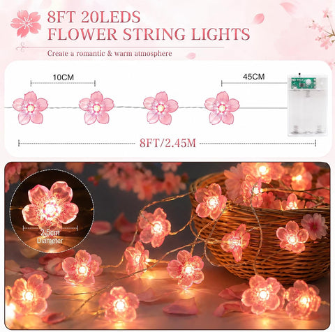 Afaiup 2m Pink Cherry Blossom Fairy Lights – 20 LED Battery Powered Flower String Lights with 6-Hour Timer for Bedroom, Wedding, Christmas & Party Decorations