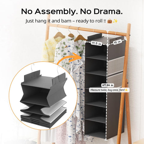 Extra Deep 6-Shelf Hanging Wardrobe Organiser, Grey – Heavy-Duty Foldable Clothes Storage with 4 Large Mesh Pockets