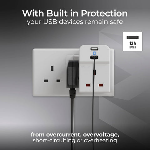 Three Socket Fused Wall Plug Adaptor with USB A & C Ports