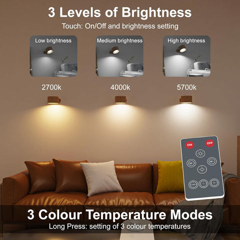 LED Wall Lights with USB Charging Port 2 Pcs Reading Light, Dimmable Touch Control 3 Brightness Levels Wall Spotlights 360 Free Rotation Bedside Lamp for Bedroom Remote Control Woodgrain