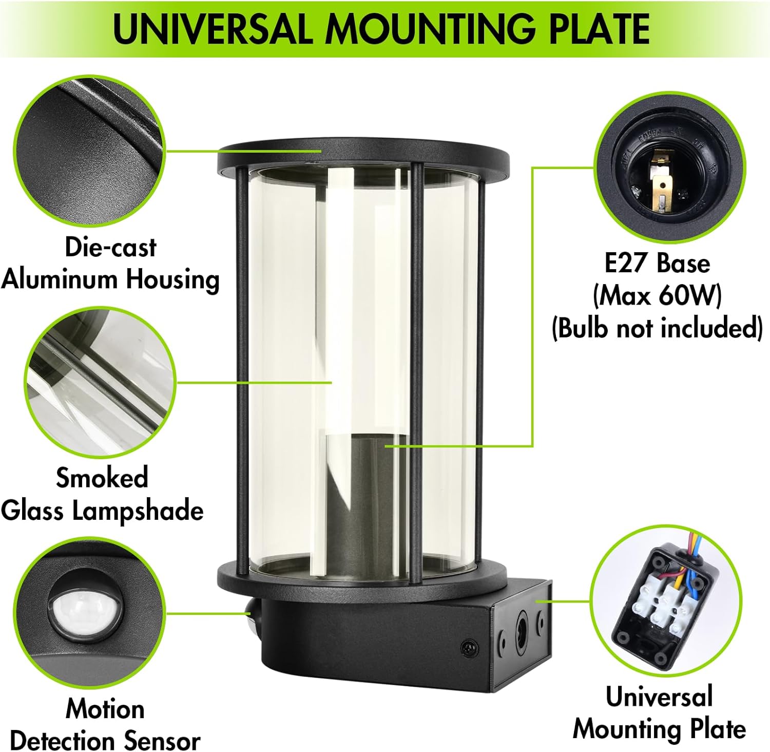 Lamp with features highlighted, including die-cast aluminum housing, smoked glass lampshade, E27 base, motion detection sensor, and universal mounting plate.