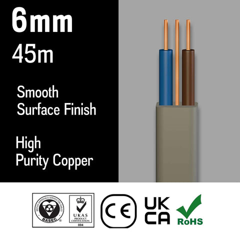 Primes DIY Electric Socket wire cable 6mm Twin and Earth Flat Grey PVC Lighting Electric Cable 6242Y electrical Wire BASEC Approved (45 Meter)