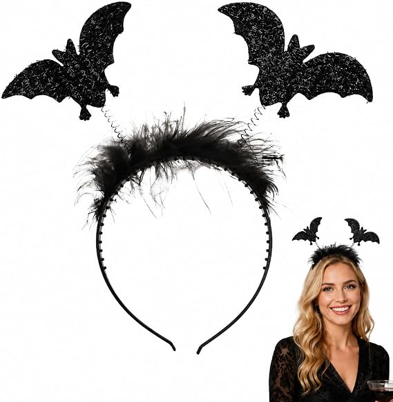 Halloween Black Glitter Bat Headband – Sparkly Bat Hair Accessory for Halloween Costumes, Fancy Dress Parties, Cosplay & Photo Props