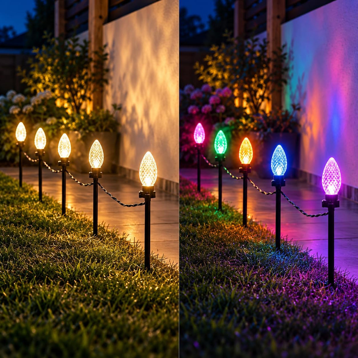Festive Lights - 10 Colour Changing Diamond Cone Garden Stake Lights - 40 LEDs, 4.5m Lit Length, 8m Black Lead, 11 Functions, Mains Powered, IP44 Indoor Outdoor Decoration for Lawn, Pathway, Border