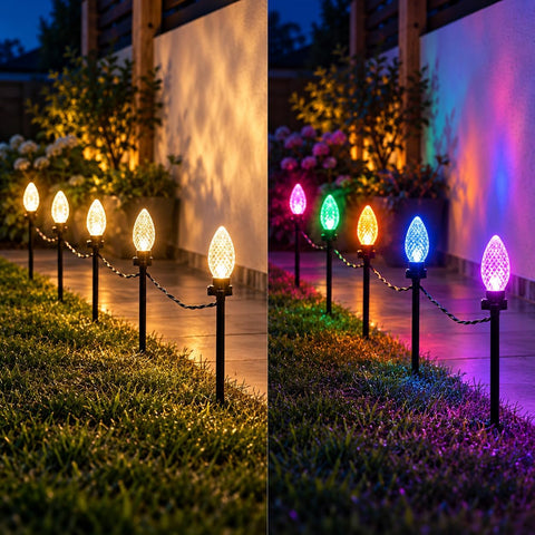 Festive Lights - 10 Colour Changing Diamond Cone Garden Stake Lights - 40 LEDs, 4.5m Lit Length, 8m Black Lead, 11 Functions, Mains Powered, IP44 Indoor Outdoor Decoration for Lawn, Pathway, Border