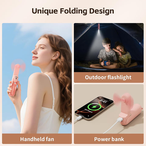Mini Handheld Fan,USB Rechargeable 3 IN 1 Personal Cooler Fans with Power Bank,LED Flashlight,Small Foldable Pocket Fan-Travel & Emergency Essentials for Outdoor Portable Cooling Fan (Pink)