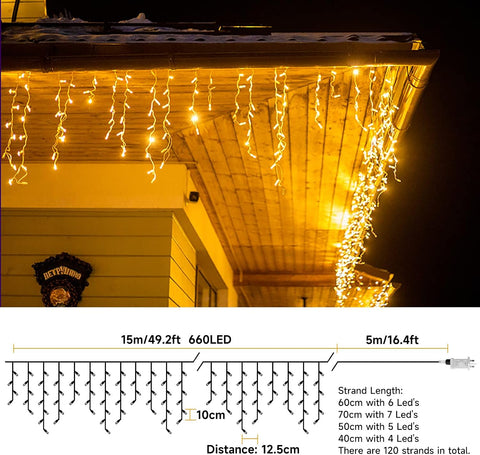 660 LED 20m Icicle Christmas Lights Warm White – Outdoor Festive Lighting for Rooflines, Gutters & Gardens - Bring a Cosy Winter Glow to Your Home