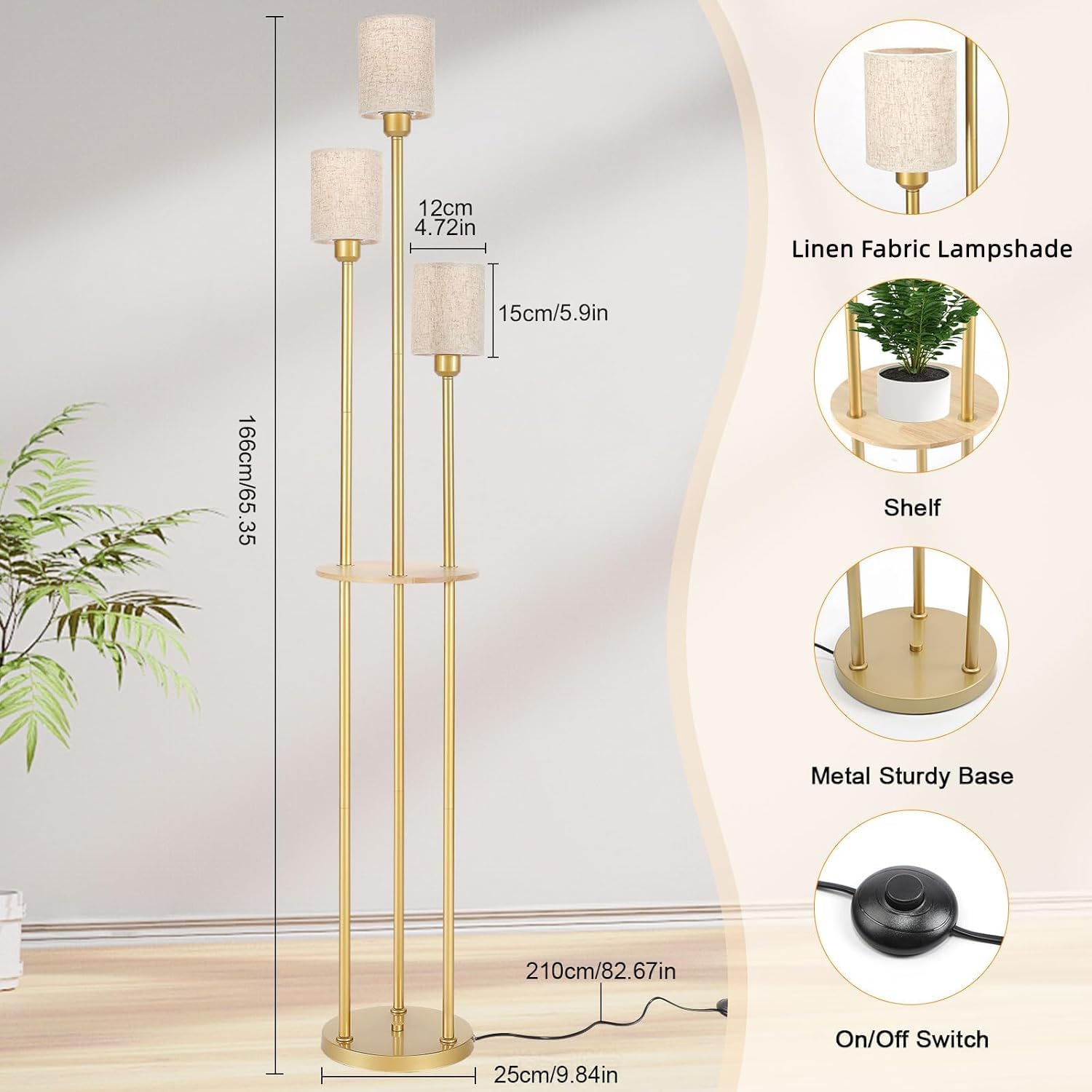 Gold floor lamp with linen fabric lampshade, shelf, metal sturdy base, and on/off switch, with measurements and details.