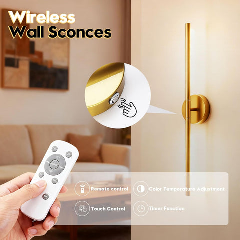 Battery Operated Wall Sconces, 2 Pack 8000mAh Rechargeable Wall Lights, 3000K-6000K Dimmable Wireless Wall Light with Remote Control, 70CM Gold Wall Lamp for Living Room Bedroom Hallway