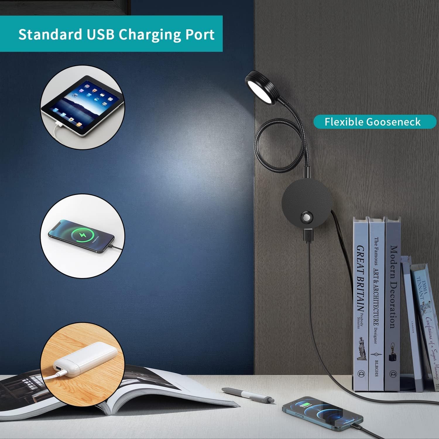 Wall-mounted reading light with USB charging port and flexible gooseneck on a desk.