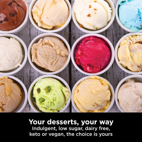 CREAMi Ice Cream & Frozen Dessert Maker with 7 Pre-Set Programmes – Includes 5 Extra Tubs with Lids & Scoop – Black & Silver