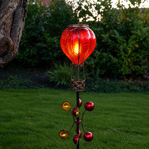 Festive Lights 1.15m Red Solar Hot Air Balloon Wind Spinner Stake Light – 20 Amber LED Flickering Flame Effect Garden Ornament, IP44 Weather Resistant Outdoor Lighting