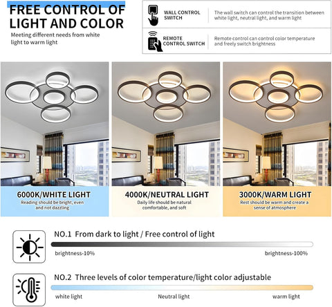 Ceiling light fixture with control options for light and color temperature in a home setting.