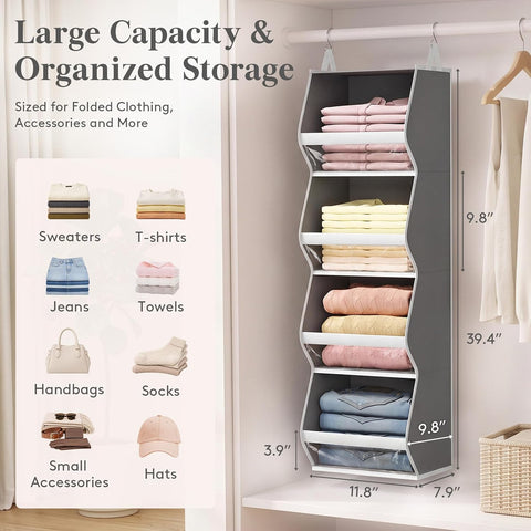 Lifewit 4-Tier Hanging Wardrobe Storage Organiser – Grey Foldable Closet Shelves with Clear PVC Window