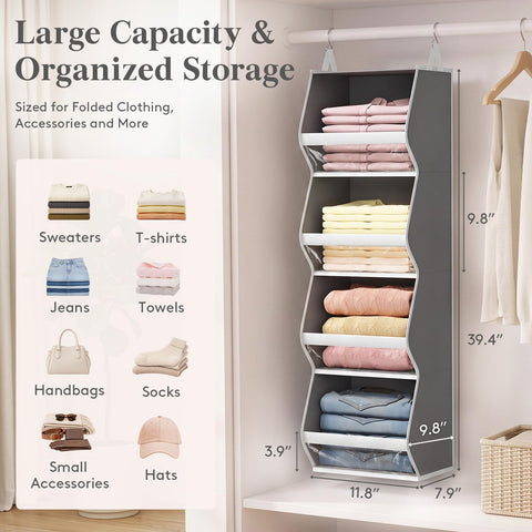 Lifewit 4-Tier Hanging Wardrobe Storage Organiser – Grey Foldable Closet Shelves with Clear PVC Window