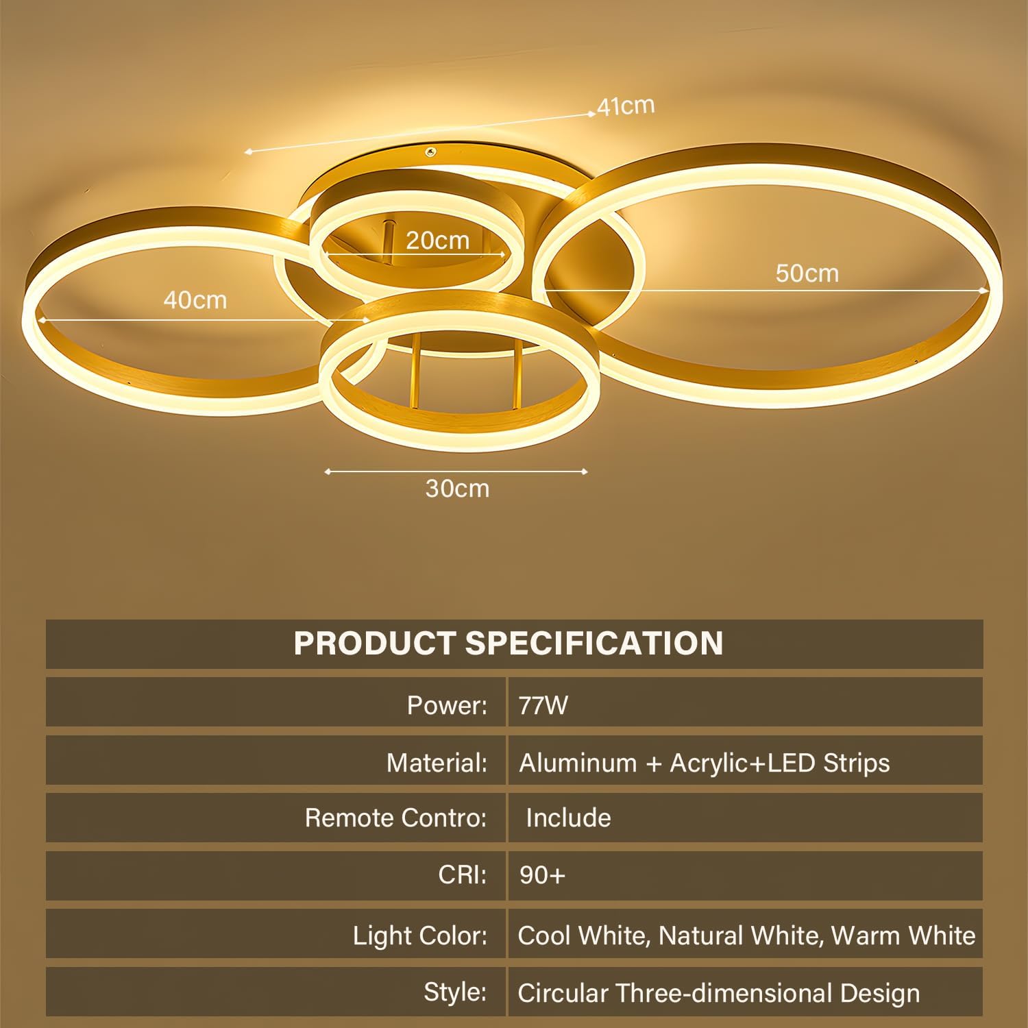 Ceiling light fixture with dimensions and product specifications on a brown background