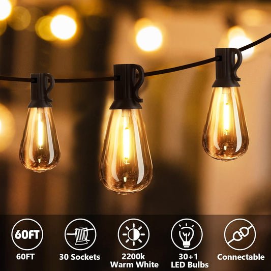 60FT Outdoor LED String Lights, ST38 Garden String Lights Mains Powered,Waterproof LED Outdoor Festoon Lights, 30+1 Bulbs 2700K Outside Patio String Lights for Décor Wedding Cafe Party
