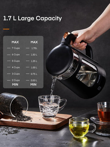 1.7L Glass Electric Tea Kettle – 5 Temp Control, Keep Warm, Fast Boil 2200W, Auto Shut-Off, LED Lights – Black