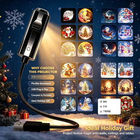 Plug and Play HD Christmas Projector with 24 Festive Scenes, 360° Adjustable USB LED Christmas Light for Indoor & Outdoor Christmas Decorations