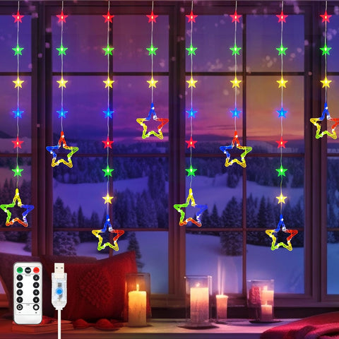 Christmas Star Window Lights 2M – 80 LED Multicolour Curtain Fairy Lights with Remote, Timer & 8 Modes – Turn Your Windows into a Little Christmas Wonderland