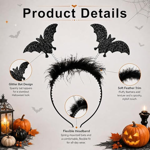 Halloween Black Glitter Bat Headband – Sparkly Bat Hair Accessory for Halloween Costumes, Fancy Dress Parties, Cosplay & Photo Props