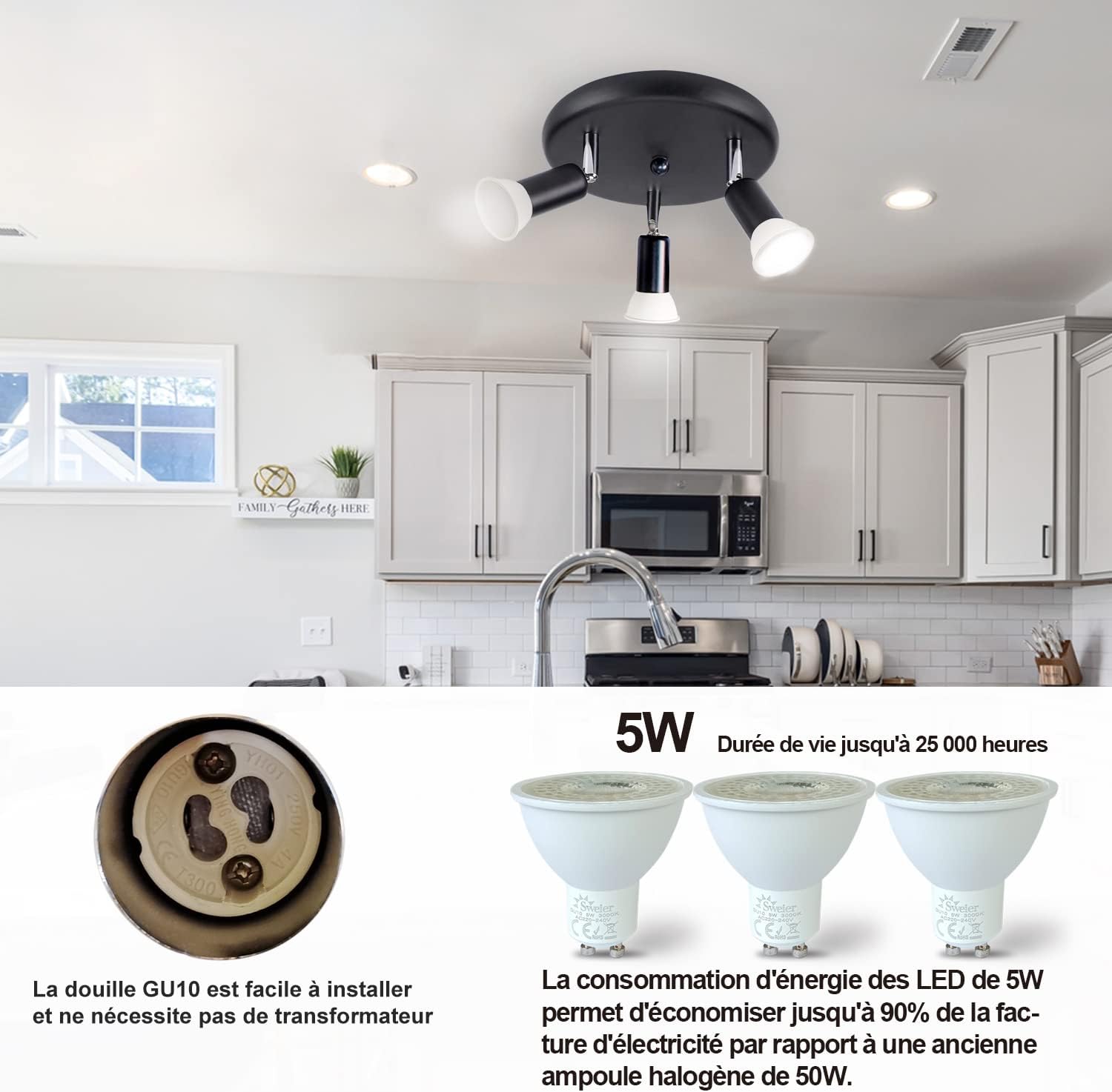 Modern kitchen with a ceiling light fixture and LED bulbs, featuring text about energy savings.