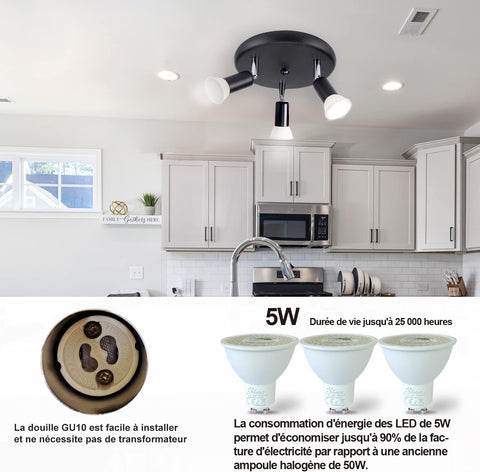 Modern kitchen with a ceiling light fixture and LED bulbs, featuring text about energy savings.