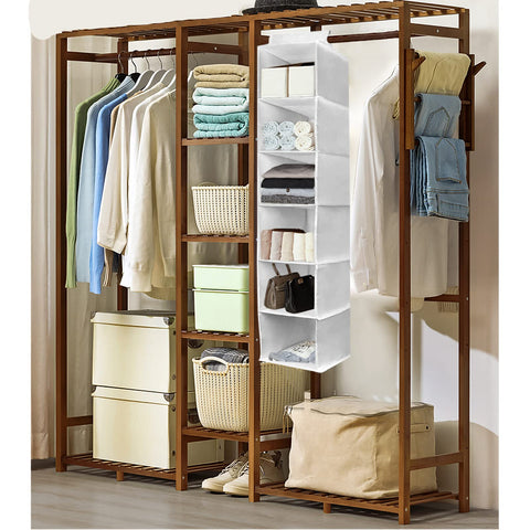 YINGGG 6-Shelf Hanging Wardrobe Organiser, Grey Non-Woven Fabric Storage Rack with 2 Wide Hook-and-Loop Straps for Sweaters, Shoes, Towels and Accessories