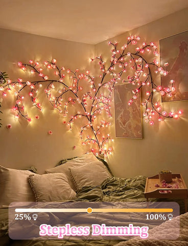 Decorative LED branch lights in a bedroom setting with stepless dimming feature.