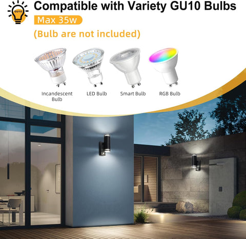 Light fixture compatible with variety GU10 bulbs in an outdoor setting.