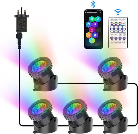NATPOW RGB Underwater Pond Lights, 5 Pack IP68 Waterproof Submersible LED Spotlights with APP & Remote Control for Ponds, Fountains, Aquariums & Gardens