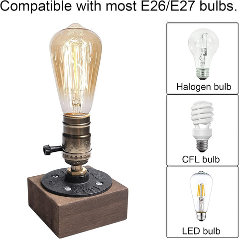 Luxvista E27 Vintage Wooden Table Lamp Base – Industrial Edison Desk Lamp Holder with UK Plug, Rustic Bedside Lamp for Bedroom, Living Room, Dining Room & Café