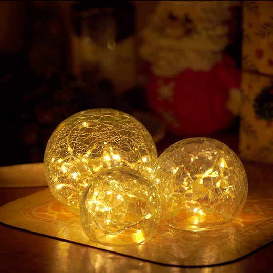 Set of 3 Fairy Light Orbs Crackled Glass Balls Battery Operated Table Lamp Warm White LEDs with Timer