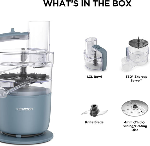 MultiPro Go FDP22.130GY Compact Food Processor – 650W – 1.3L Bowl, Express Serve, Knife Blade, 4mm Slicing & Grating Disk – Grey